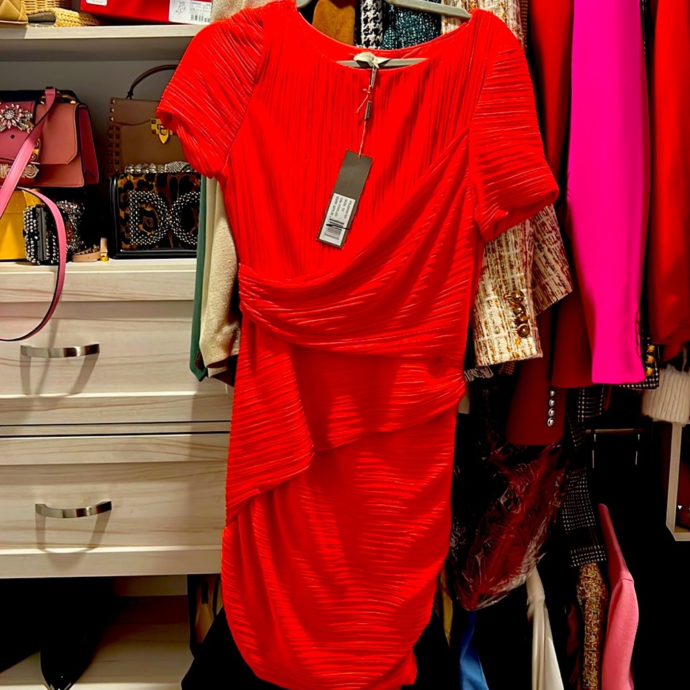 Bight red dress . Fits true to size . Can also fit a 8